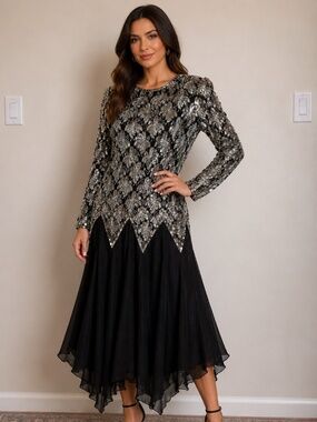 Creative Creations Vintage Beaded Sequin Evening Dress MD Black Silver Art Deco